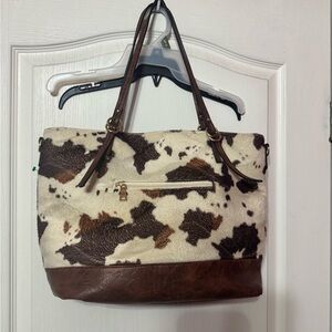 Cowhide Pattern Leather-Trim Tote Bag in Brown and Cream